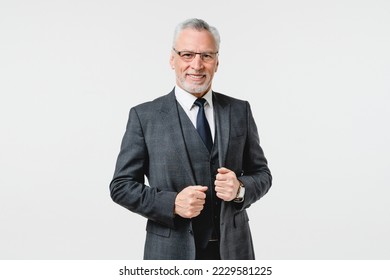 Portrait of caucasian middle-aged elderly mature businessman rich ceo boss wealthy millionaire wearing formal attire looking at camera with toothy smile isolated in white background
