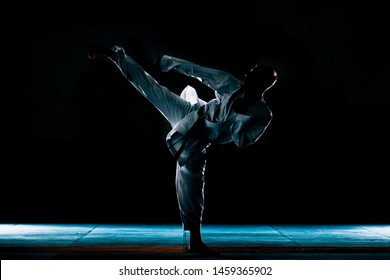 Portrait Of An Caucasian Professional Taekwondo Silhouette Man, Black Belt Degree (Dan) Preparing For Fight, Low Key, High Contrast