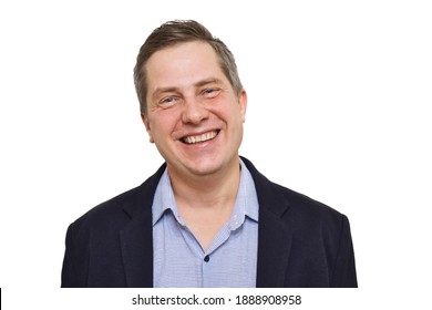 Portrait Of Caucasian Smiling Business Man Watching In Camera Isolated On White Background. Casual Style Man In Jacket And Shirt With No Tie.