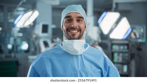 Portrait of a Caucasian Surgeon Taking off His Surgical Mask After a Successful Operation. Healthcare Professional Posing, Looking at Camera and Smiling. Photo in a Modern Hospital Operating Room - Powered by Shutterstock