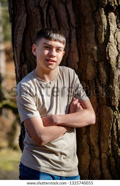 Portrait Caucasian Teenage Boy Leaning Against Stock Photo (Edit Now ...