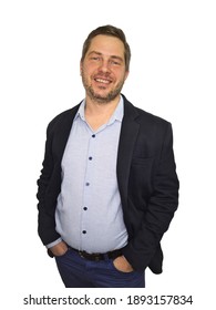 Portrait Of Caucasian Unshaven Business Man Smiling And Watching In Camera Isolated On White Background. Casual Style Man In Jacket And Shirt With No Tie.