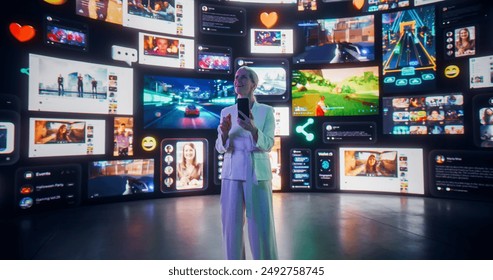 Portrait Of Caucasian Woman Connecting Via Smartphone To Virtual Network Of Social Media, Online Gaming, Video Streaming, e-Commerce Shopping. Female Internet User Enjoying Web Culture Concept.