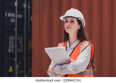 Portrait Caucasian Woman With Container Box Shipping Logistics Engineering Of Import Export Transportation Industry, Female Safety Transport Engineer Holding Paper Clipboard Standing By Shipyard.