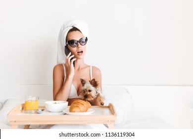 Portrait of a celebrity woman in sunglasses and towel around her head having breakfast while sitting with a tray in bed with her dog and talking on mobile phone - Shutterstock ID 1136119304