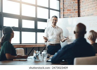 Portrait, ceo and whiteboard with presentation for business people, employees and corporate meeting. Office, manager and public relations team with information, planning and listening in training