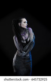Portrait of a character for computer game
Body painting skeleton cyborg, woman with pattern on body on black background