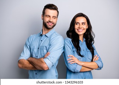 Portrait of charismatic competent coworkers colleagues working doing business freelance standing back-to-back looking inspiring confidence isolated dressed  blue denim clothing argent background - Shutterstock ID 1343296103