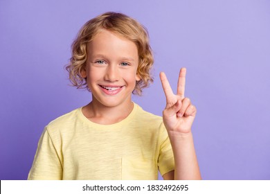 Portrait of charming adorable boy make v-sign toothy smile wear casual style outfit isolated over purple color background