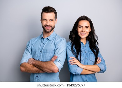 Portrait of charming charismatic freelancers entrepreneurs ready to solve business work problems take decisions. Wearing blue denim jackets isolated on ashy-gray background