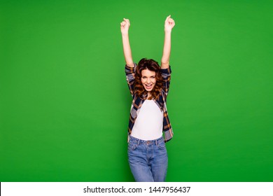 Portrait Charming Cute Funny Funky Person  People Thrilled Shout Yeah Celebrate Fan Fun Aim Victory Raise Fists Hands Arms Dream Dreamy Wear Plaid Fashionable Shirt Isolated Vivid Background