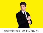 Portrait of charming gorgeous chairmen collar stylish prepare for work partnership concept feel relaxed bit nervous worried look wear classic fashionable clothes isolated on ashy-gray background