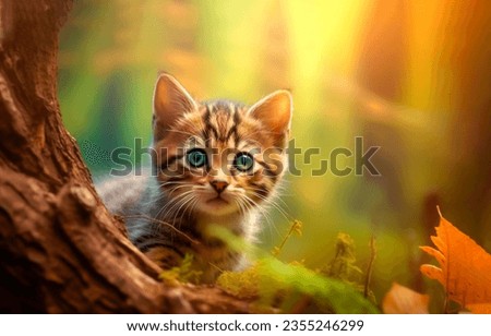 Portrait of a charming kitten. Kitten in autumn. Autumn kitten portrait. Cute kitten in autumn nature
