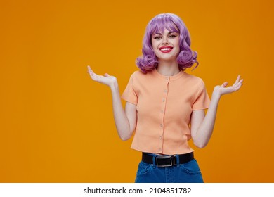 Portrait Of A Charming Lady Purple Hair Fashion Posing Glamor Studio Model Unaltered