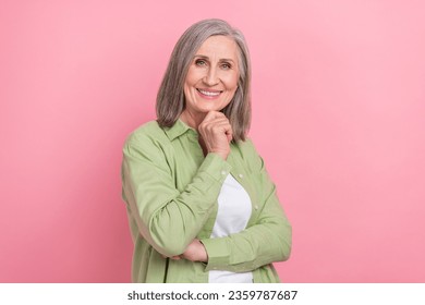 Portrait of charming model senior woman touch chin working office lawyer profession expert thinking isolated on pink color background - Shutterstock ID 2359787687