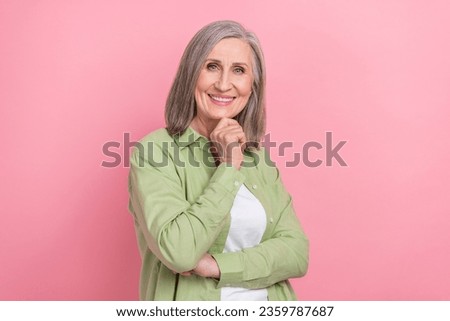 Portrait of charming model senior woman touch chin working office lawyer profession expert thinking isolated on pink color background
