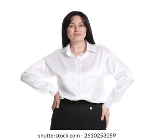 Portrait of charming plus size model on white background. Overweight