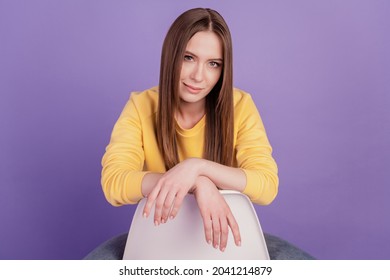 Portrait Of Charming Pretty Coquete Lady Sit Chair Flirty Look Camera On Purple Background