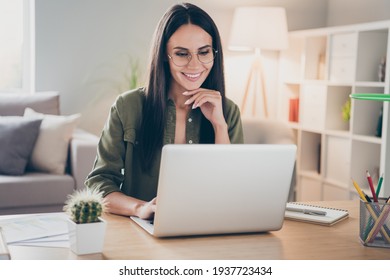 Portrait Of Charming Successful Cheerful Focused Girl Working Remotely Creating Finance It Presentation Report At Home House Flat Indoor