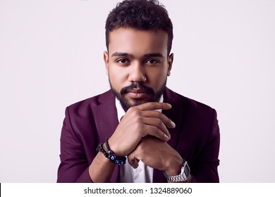 Portrait Of Cheerful Brutal Young African American Male Model In Formal Fashion Suit Isolated On White Background