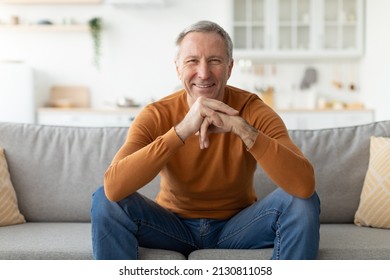 Portrait of cheerful casual mature man posing alone at home, relaxed adult sitting on couch and smiling, looking at camera in living room, blurred background, selective focus, free copy space