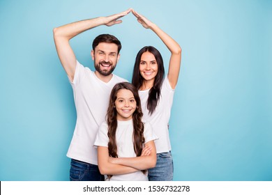 Portrait Of Cheerful Cool Three People Mom Dad Schoolkid Move New House Home Enjoy Feel Content Wear White Lifestyle T-shirt Isolated Over Blue Color Background