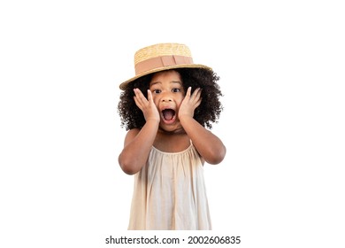 Portrait of a cheerful and cute African American girl. child was surprised and shocked when she saw the products being sold and the marketing promotions.