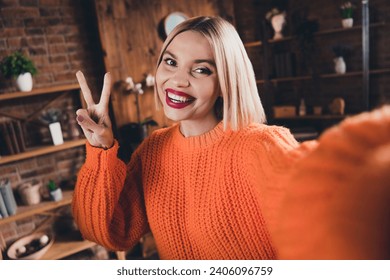 Portrait of cheerful funky person toothy smile make selfie hand fingers demonstrate v-sign loft interior indoors