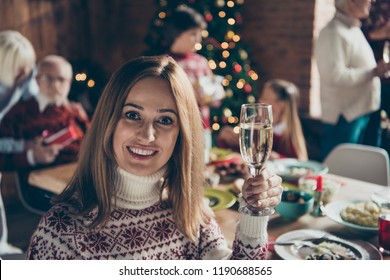 Portrait of cheerful girl with glass of wine. Noel morning gathering, meeting, tradition. Grey-haired grandparents, grandchildren, relatives, sister, brother, son, daughter at house feast lunch table
