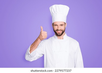 Portrait of cheerful joyful chef cook with stubble in beret, white outfit showing thumb up, approve menu, yes, done sign isolated on grey background, advertisement concept - Shutterstock ID 2279577237