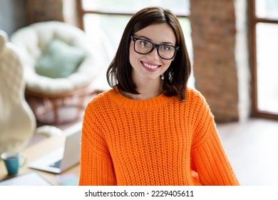 Portrait of cheerful pretty lady specialist director company wear spectacles orange bright sweater working modern office workplace indoors