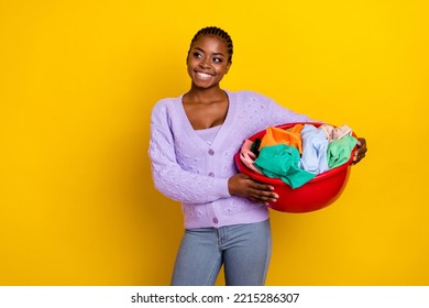 Portrait of cheerful pretty person hands hold laundry basket look empty space isolated on yellow color background - Powered by Shutterstock