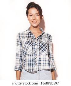 Portrait Of Cheerful Smiling Teen Girl. Woman Going Crazy In Casual  Hipster Checkered Shirt. Model With No Makeup Isolated On White Background