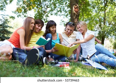 Portrait Cheerful Students Talking Reading Books Stock Photo 53739463 ...