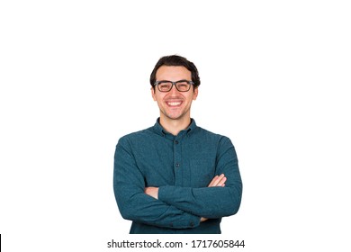 Portrait Of Cheerful And Successful Businessman, Keeps Arms Folded, Looking Confident To Camera Isolated On White Background. Business Employee Wearing Eyeglasses Smiling And Making Future Plans.