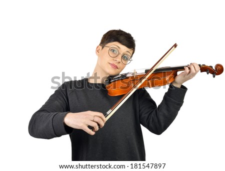 portrait of cheerful woman playing violin on white background 