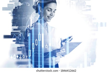 Portrait of cheerful young businesswoman using tablet computer in blurry city with double exposure of financial graphs. Toned image - Powered by Shutterstock