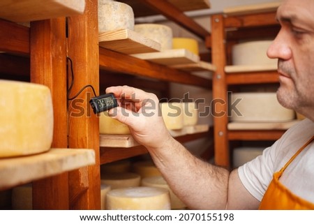 Portrait of a cheesemaker in cellar, basement. Home cheese production, business, entrepreneur. Indoors, wooden shelves. Checks humidity level