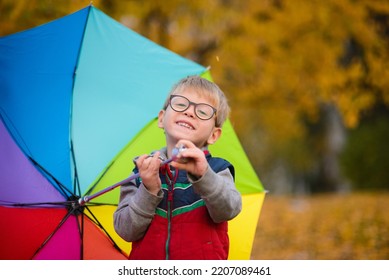 Portrait Of A Child Boy In Glasses, Standing Under A Rainbow Umbrella, Against The Background Of Autumn Leaves