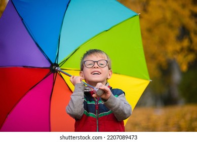 Portrait Of A Child Boy In Glasses, Standing Under A Rainbow Umbrella, Against The Background Of Autumn Leaves