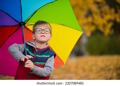 Portrait Of A Child Boy In Glasses, Standing Under A Rainbow Umbrella, Against The Background Of Autumn Leaves