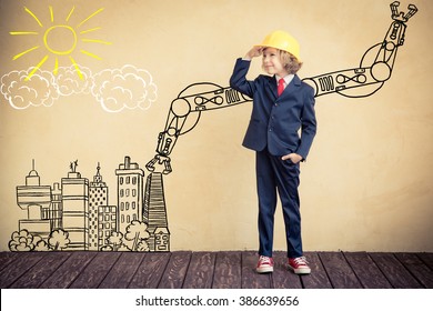 Portrait of child builder in office. Success, creative and innovation business concept
