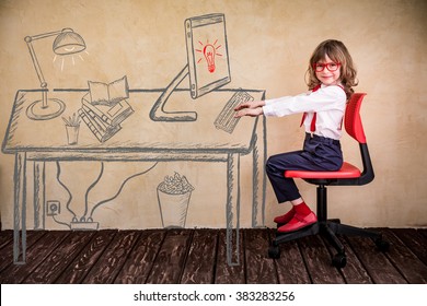 Portrait of child businessman in office. Success, creative and innovation business concept