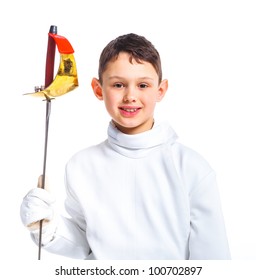 Portrait of child epee fencing lunge. Isolated on white background.