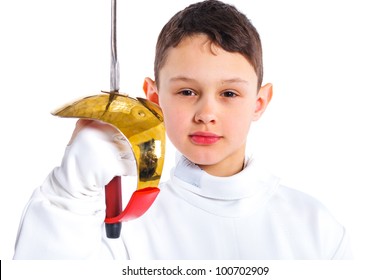 Portrait of child epee fencing lunge. Isolated on white background.