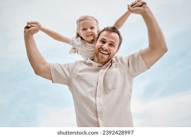 Portrait, child and father playing as a plane outdoor in summer, blue sky and happiness together. Bonding, dad and kid flying on shoulders with freedom on vacation, holiday or weekend with a smile - Powered by Shutterstock