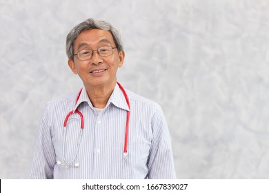 Portrait Of Chinese Doctor Healthy Old Man Asian Elder Standing Smile With Space For Text.