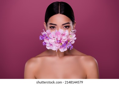 Portrait Of Chinese Lady Wear Blooming Flowers Mask Stop Pollute Nature Recycling Isolated On Pink Color Background