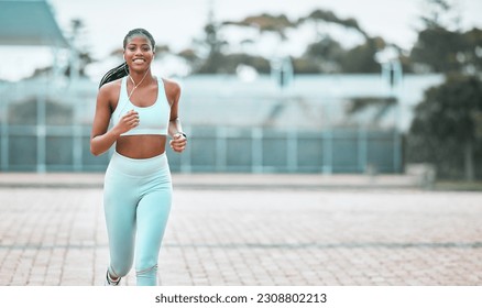 Portrait, city and black woman running, workout goal and exercise for wellness, sports and training. Face, female person and runner with earphones, cardio and athlete with self care and stress relief - Powered by Shutterstock