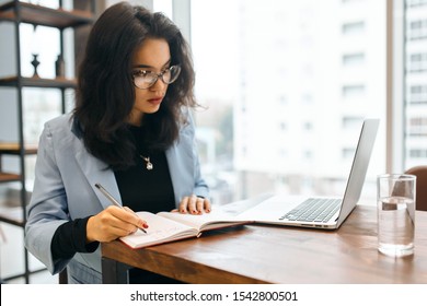 Portrait of clever beautiful businesswoman with laptop writes on a document at her office. close up side view photo. copy space, business, lifestyle, job, profession, occupaton